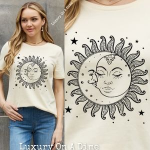 100% Cotton Sun and Moon Face Celestial Spiritual Graphic Short-sleeve Tee Cream